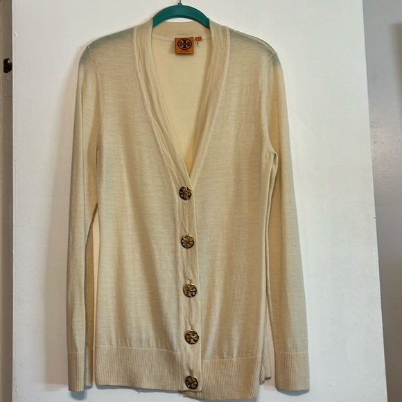 Tory Burch women’s size M, long sleeve sweater, gold button ivory cardigan - Picture 1 of 4